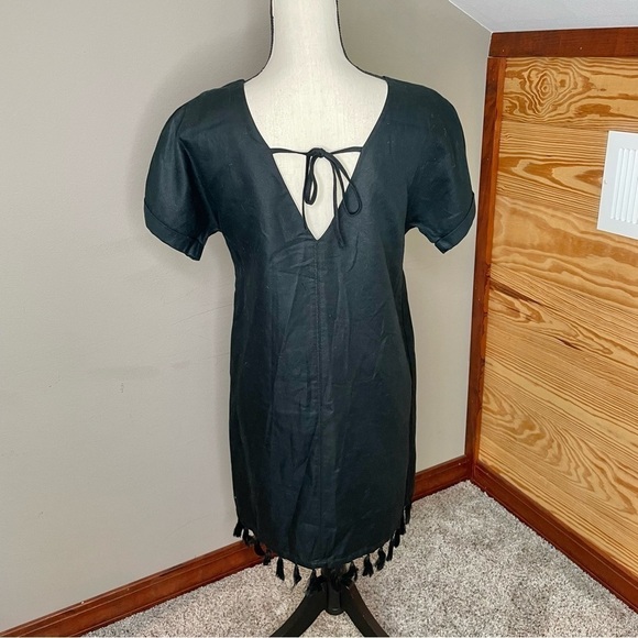 Madewell Black Linen Blend Embroidered Floral Tassel Shift Dress Extra Small - Picture 4 of 10